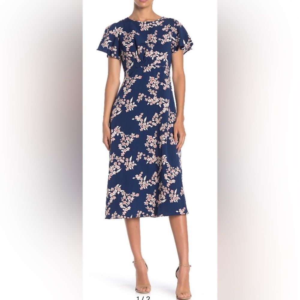 NWT Bobeau Short Flutter sleeve open back midi dress- navy- size M